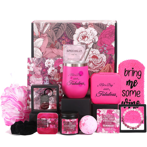 Birthday Gifts for Women, Happy Birthday Gifts Box for Mom Her Girlfriend Sister Wife Grandma Bestie Bff, Pink Self Care Gifts Unique Get Well Gifts Relaxing Spa Gift Basket Set, Mothers Day Gifts