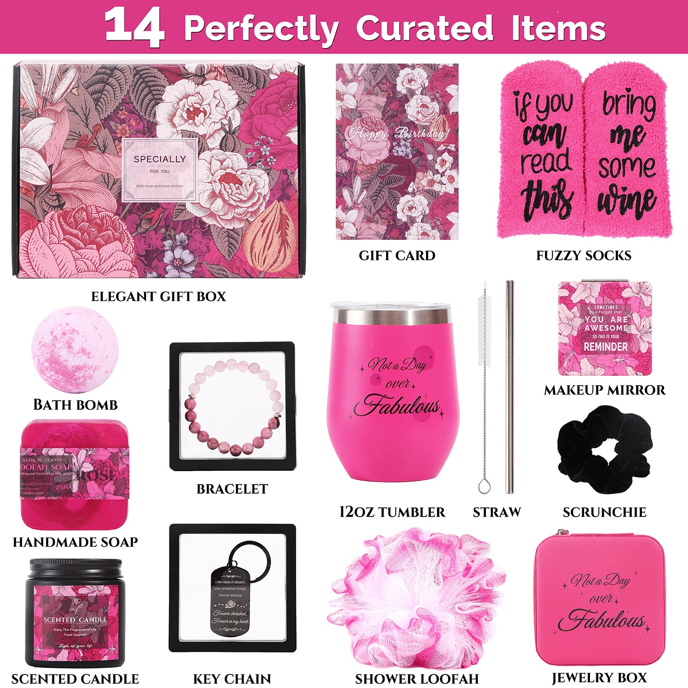 Birthday Gifts for Women, Happy Birthday Gifts Box for Mom Her Girlfriend Sister Wife Grandma Bestie Bff, Pink Self Care Gifts Unique Get Well Gifts Relaxing Spa Gift Basket Set, Mothers Day Gifts