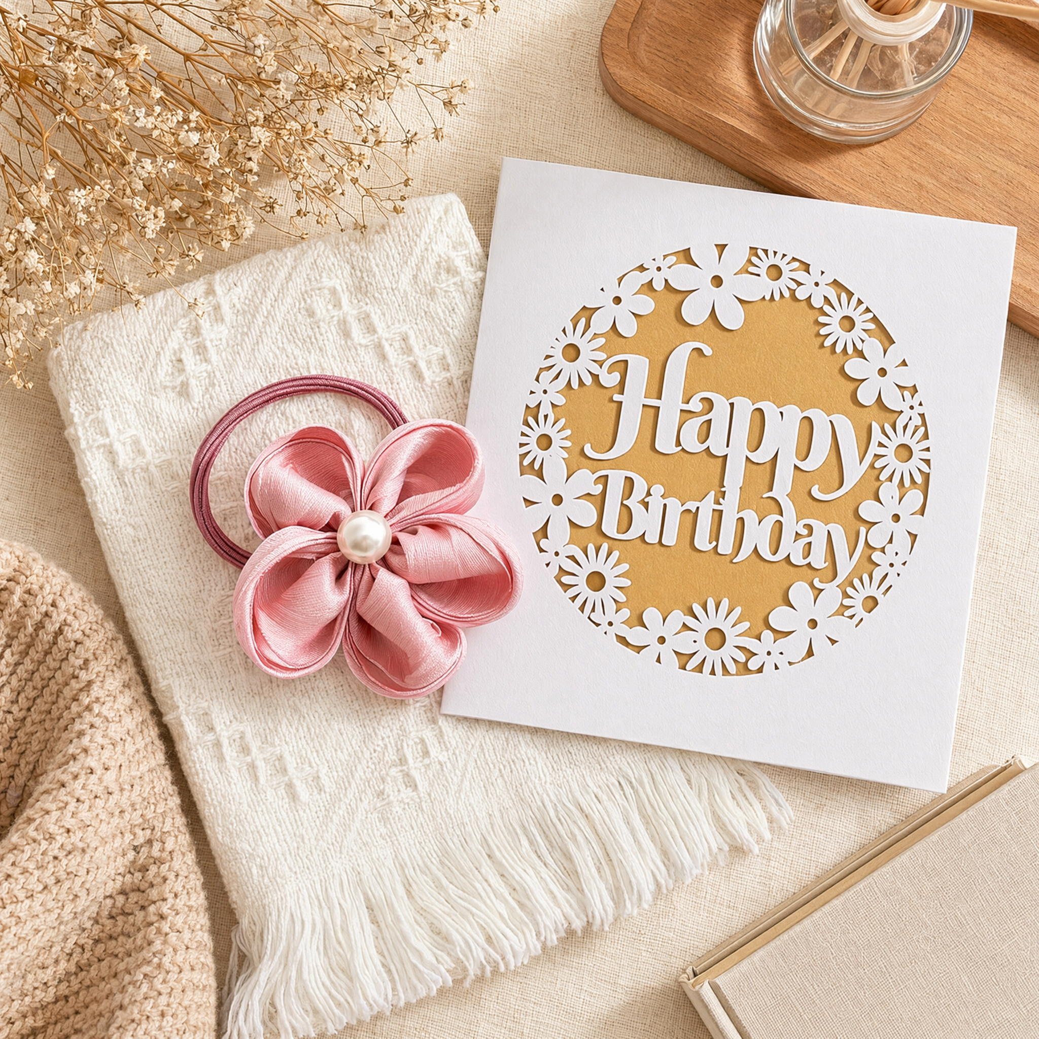 Paper-cut Happy Birthday card beside the washcloth and flower hair tie