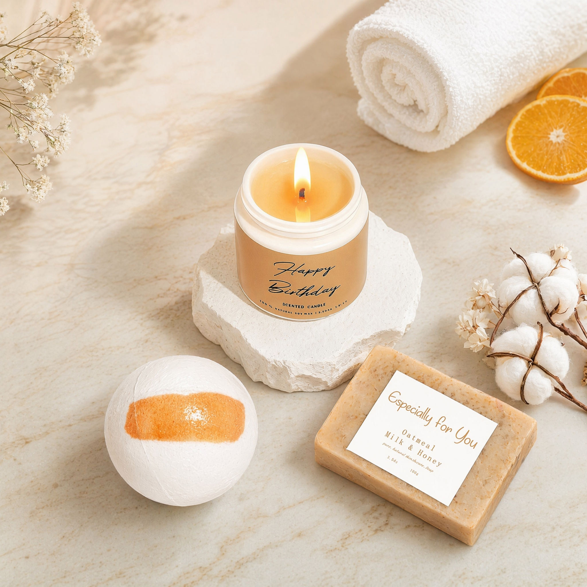 Happy Birthday candle, bath bomb, and soap from the Oolevassy Birthday Gift Box